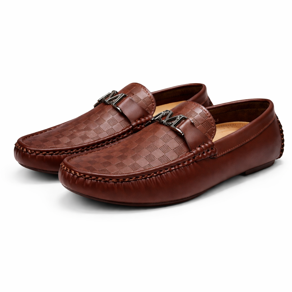 Men’s Brown Checkered Bit Loafers – Slip-On Casual Dress Shoes