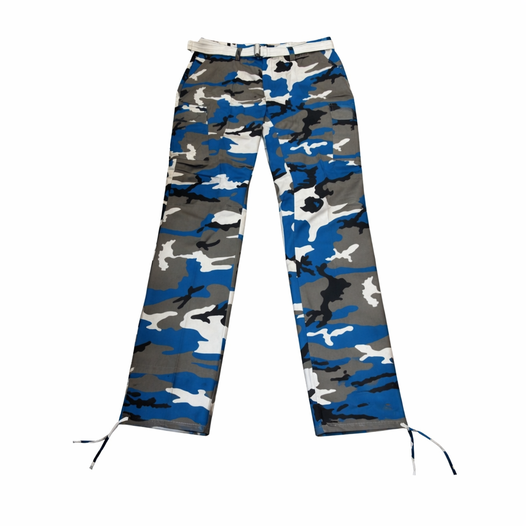 Camouflage pants with blue, gray, and white pattern on a white background