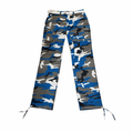 Camouflage pants with blue, gray, and white pattern on a white background