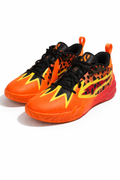 Orange and black basketball shoes with yellow accents on a white background