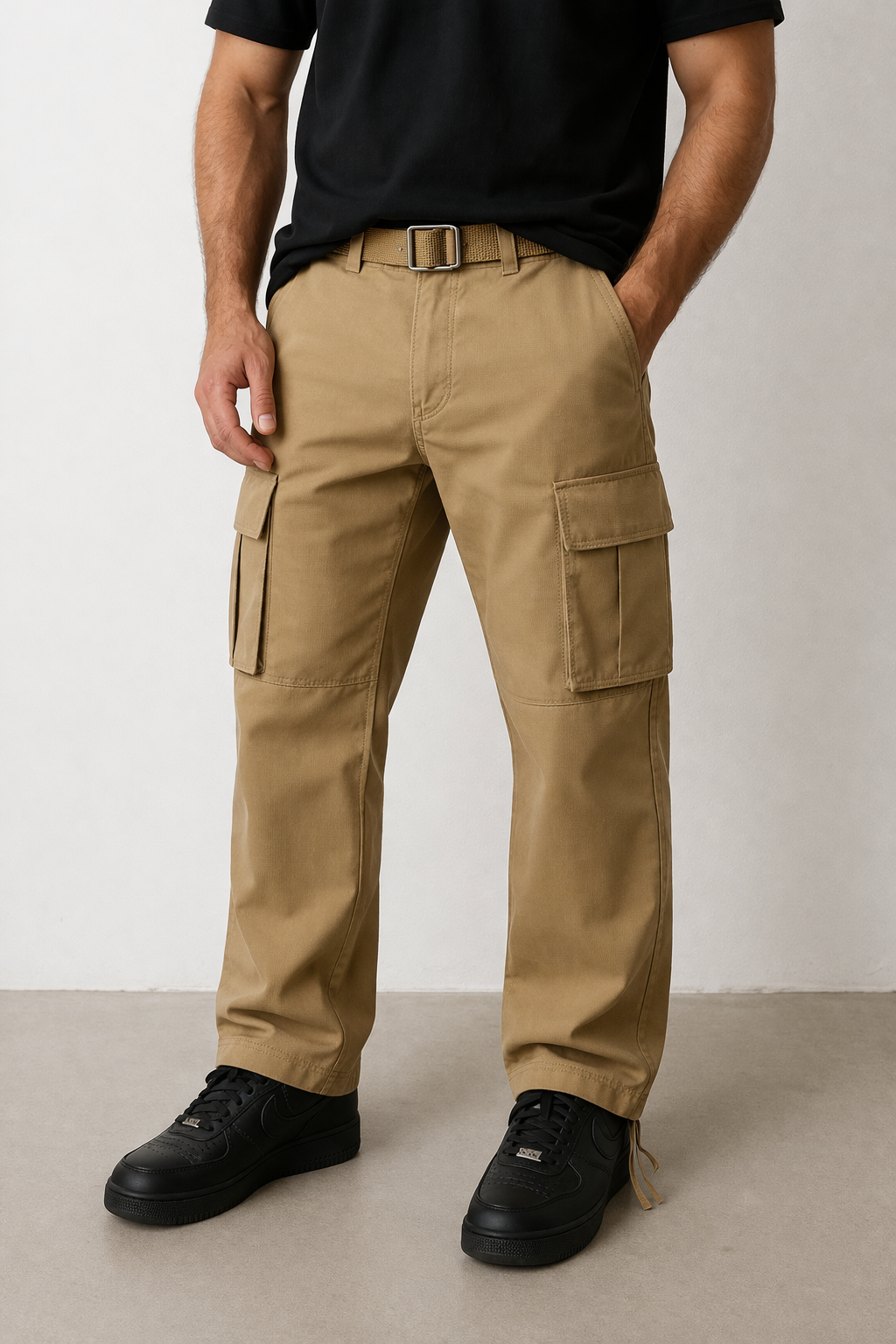 Person wearing beige cargo pants with a plain background