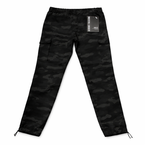 Black camouflage cargo pants with a visible brand label on a white background