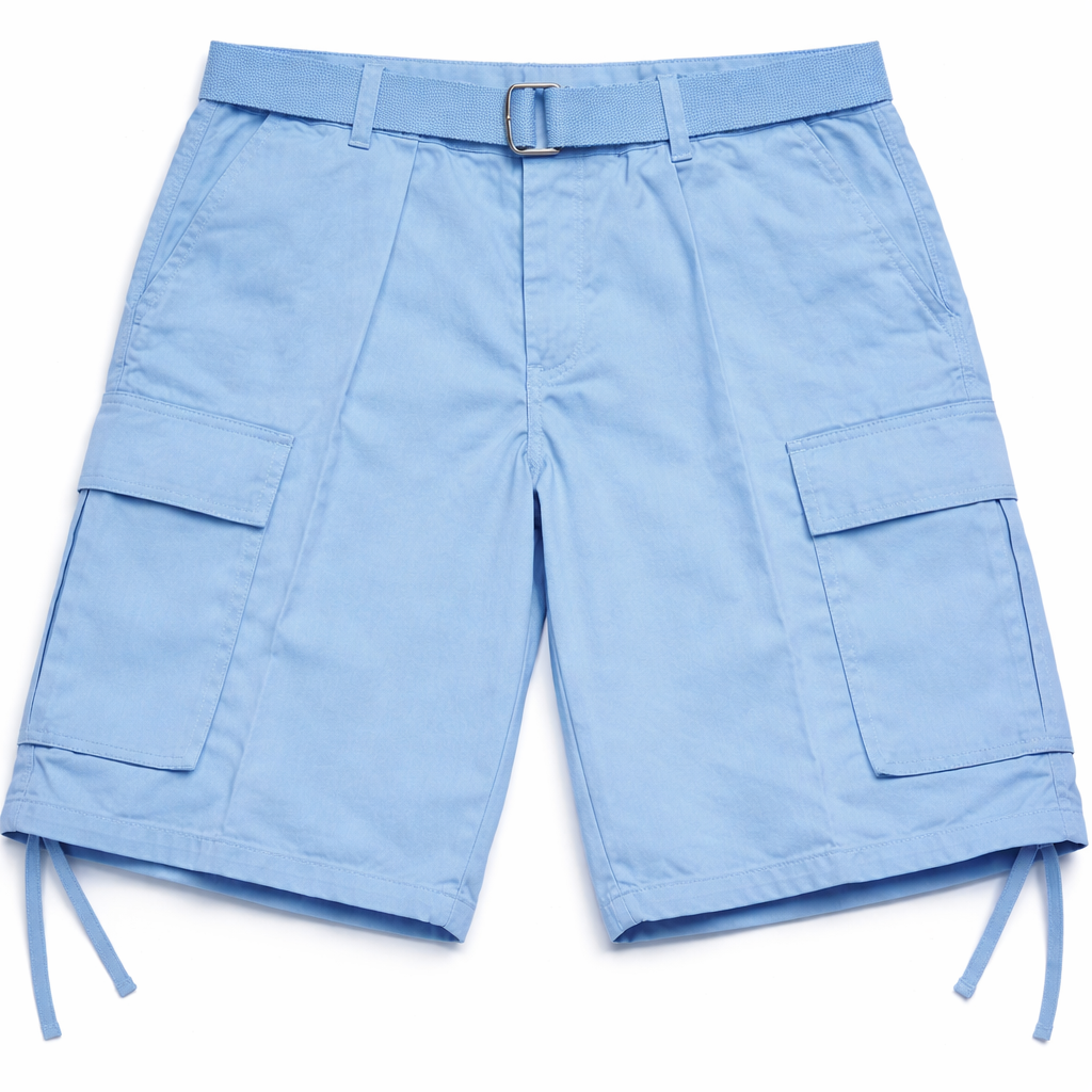 Light blue cargo shorts with a belt on a white background