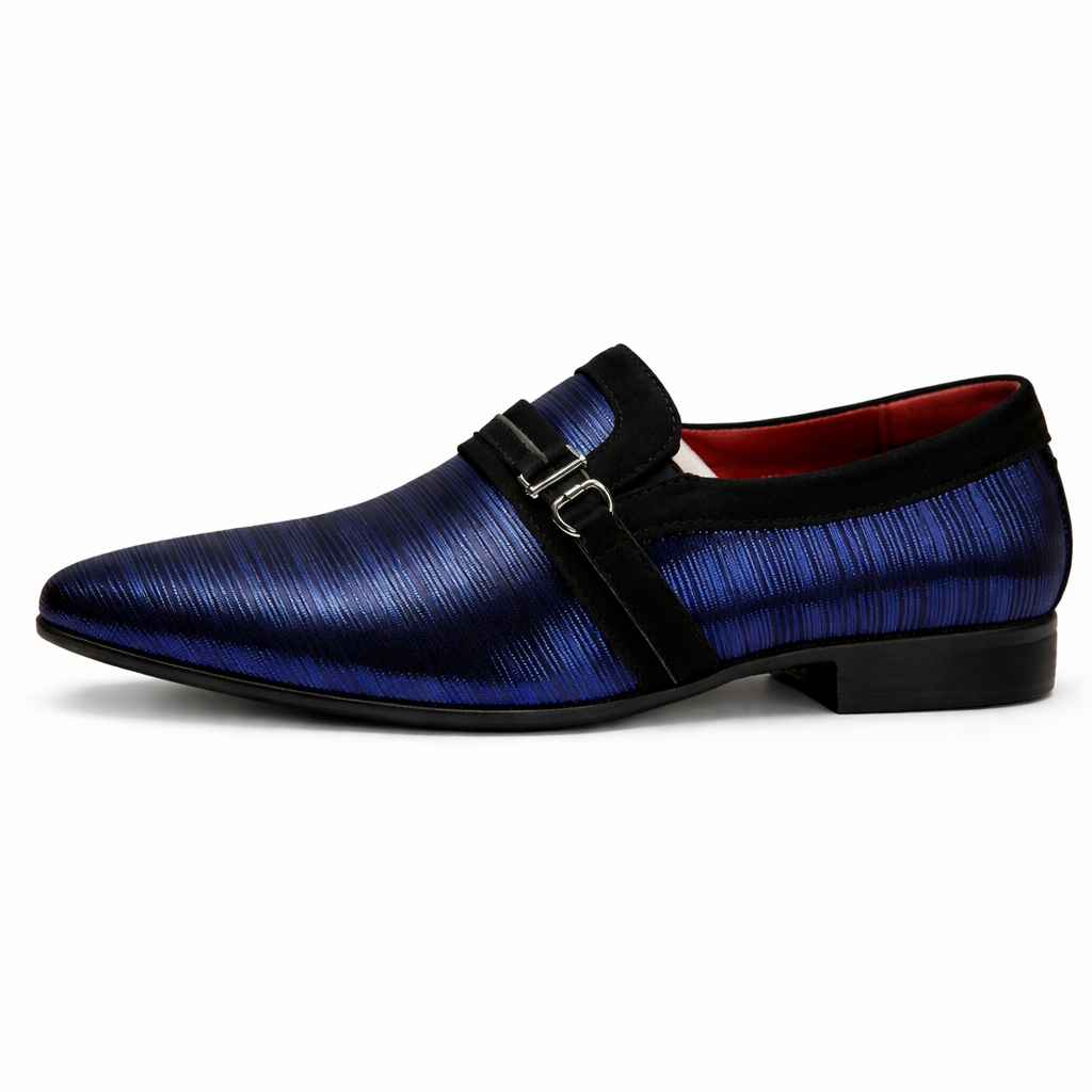 Men’s Blue Metallic Dress Loafers – Sleek Buckle Slip-On Formal Shoes