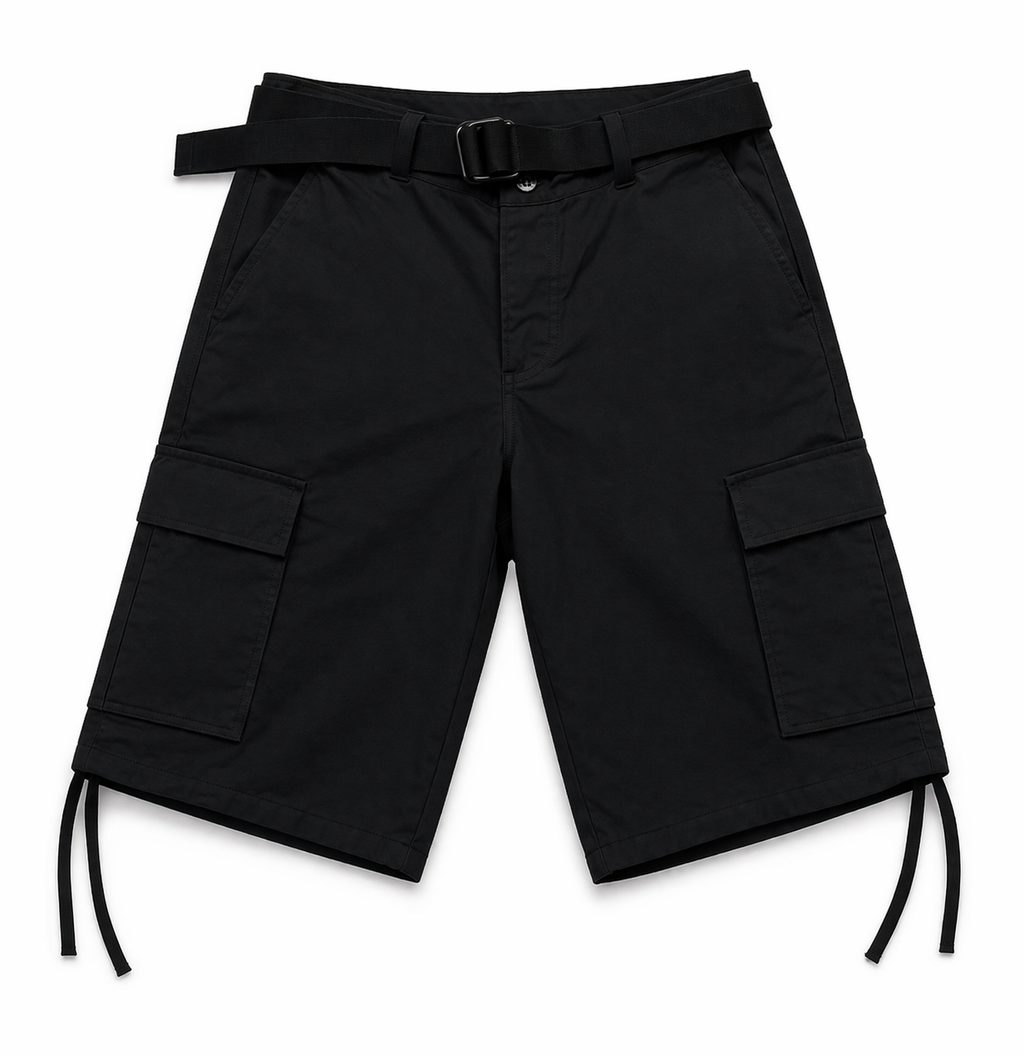 Black cargo shorts with a belt on a white background