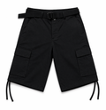 Black cargo shorts with a belt on a white background