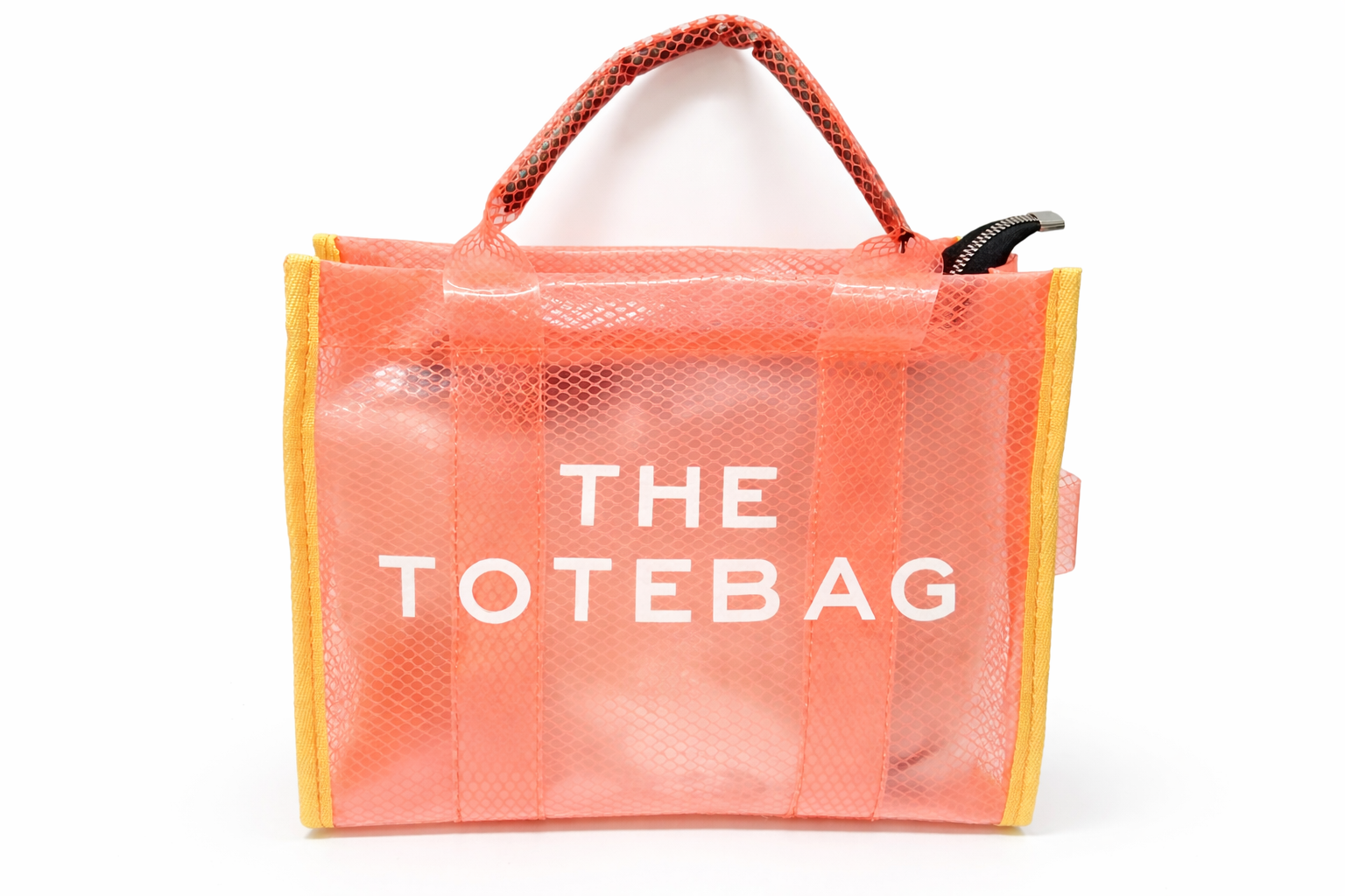 Pink tote bag with 'THE TOTEBAG' text on a white background