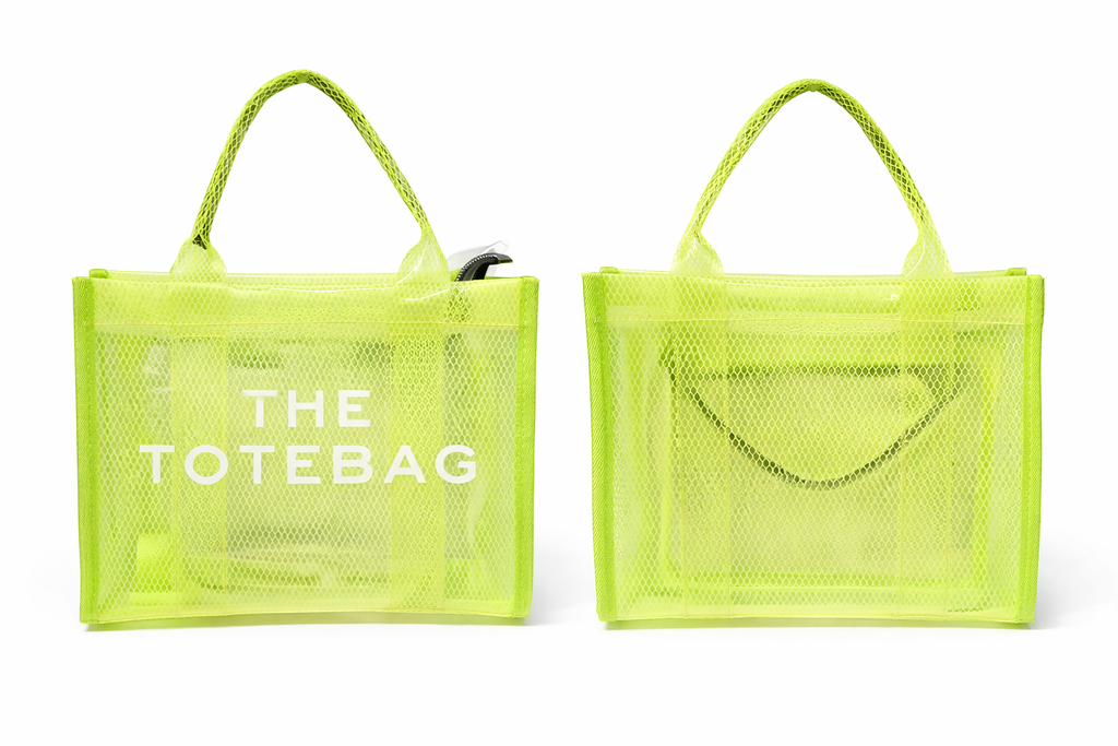 Two neon green mesh tote bags on a white background