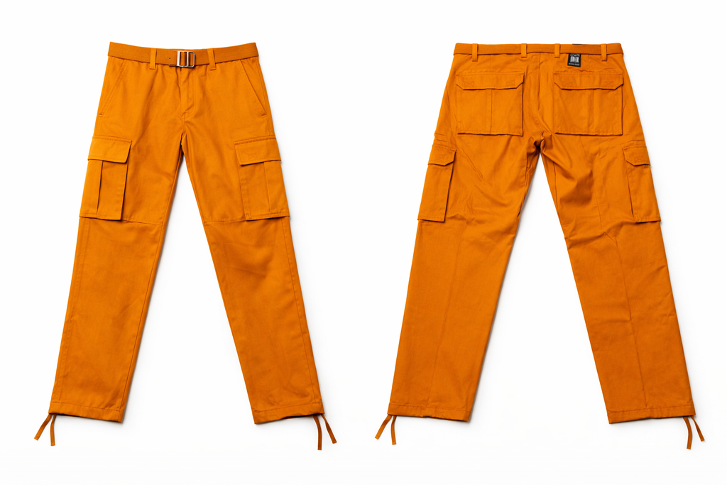 Orange cargo pants on a white background