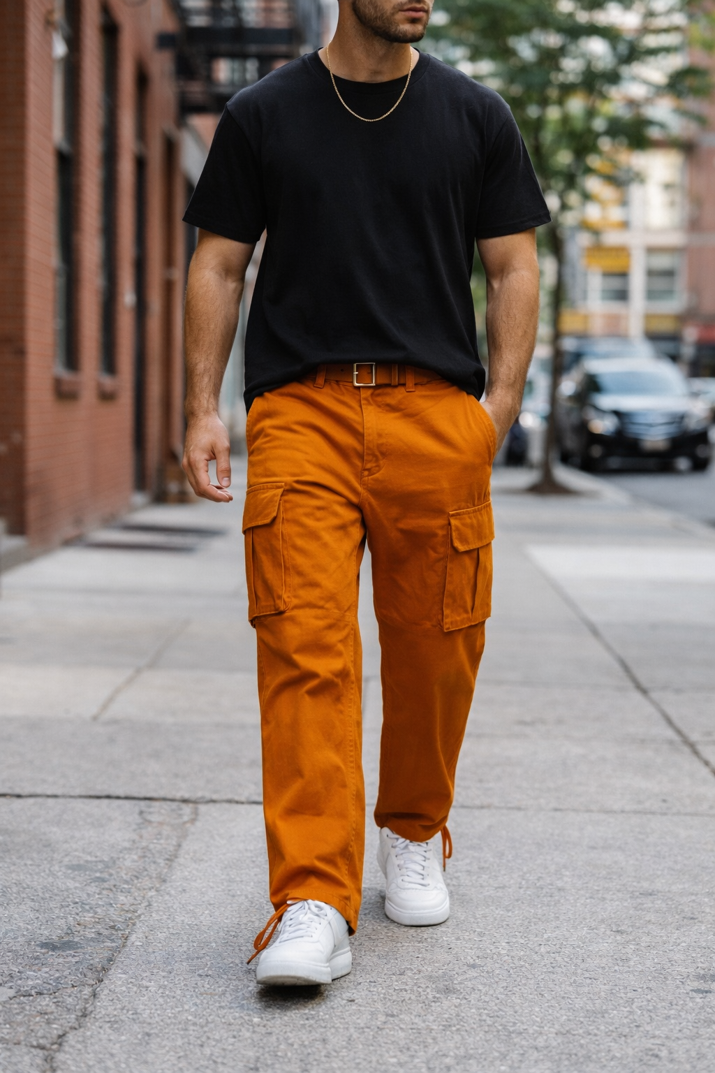 Man wearing a black t-shirt, orange cargo pants, and white sneakers on a city street.