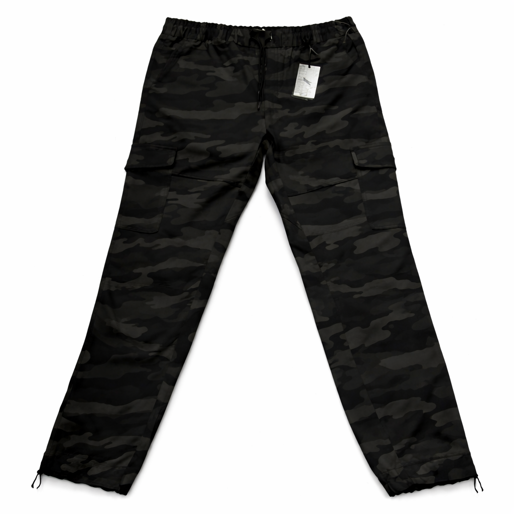 Black camouflage cargo pants on a white background