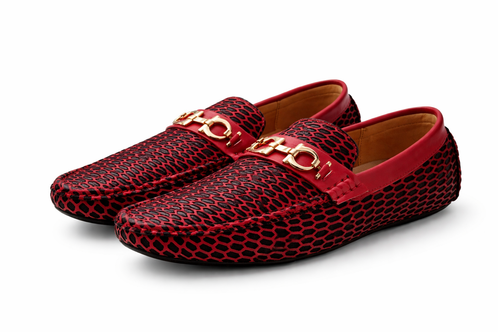 Men’s Red and Black Pattern Loafers – Gold Bit Slip-On Dress Shoes