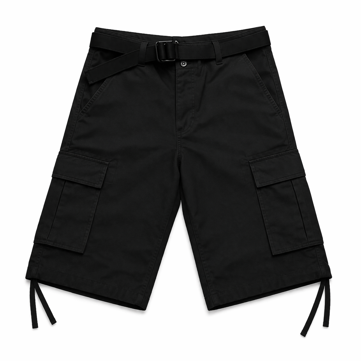 Black cargo shorts with a belt on a white background