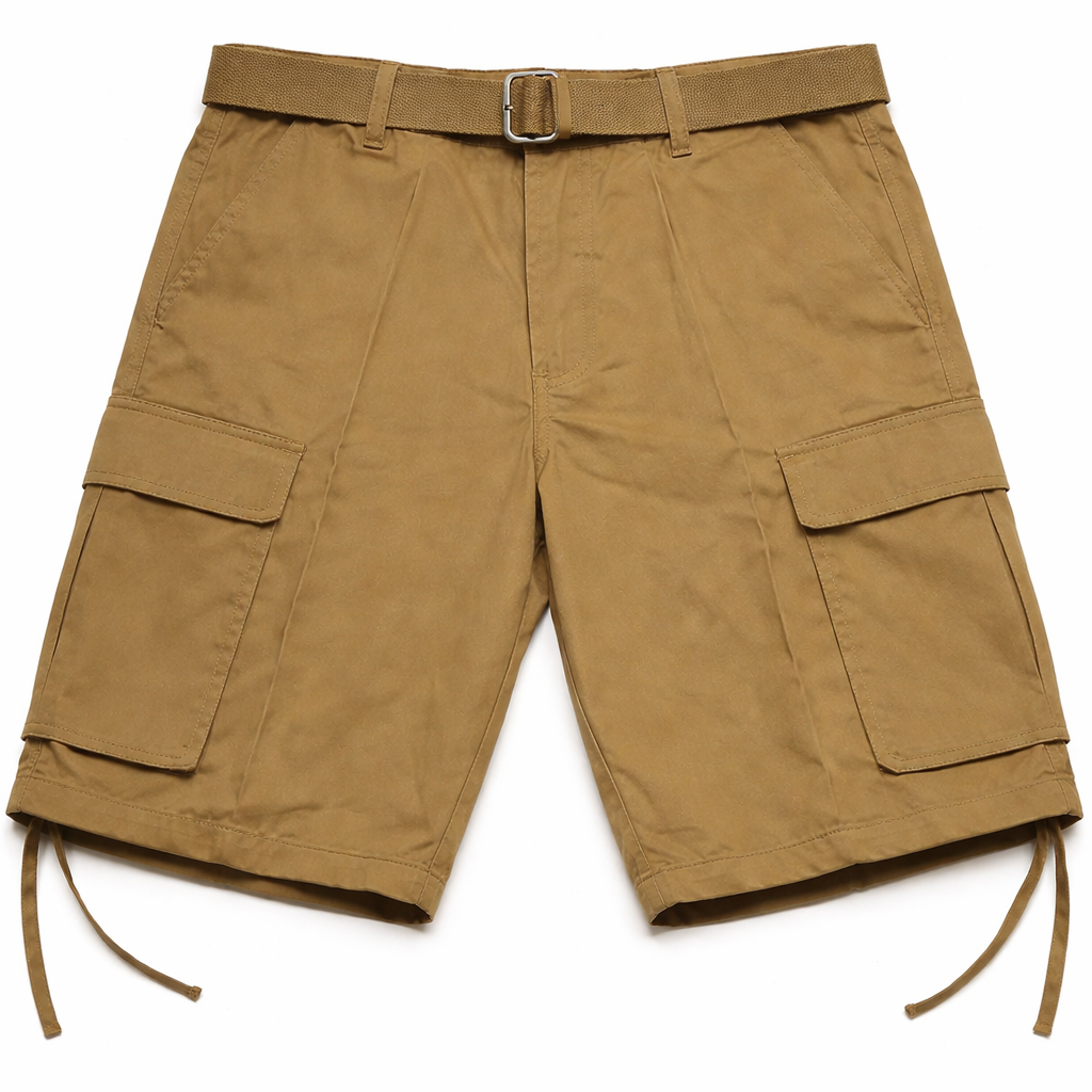 Khaki cargo shorts with a belt on a white background