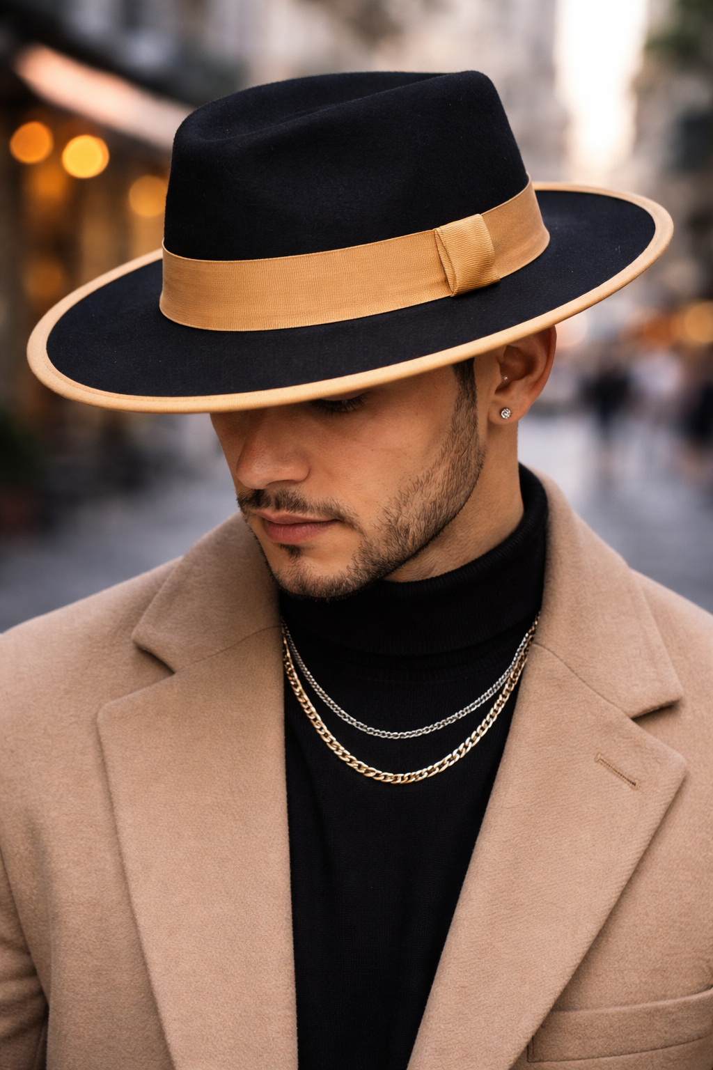Men’s Black Wide Brim Hat with Tan Band – Statement Dress Hat