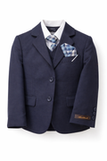 Navy blue suit jacket with plaid tie and pocket square on a white background