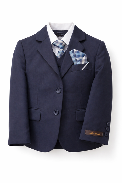 Navy blue suit jacket with plaid tie and pocket square on a white background