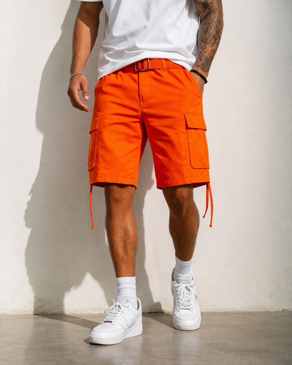 Black guy wearing orange cargo short