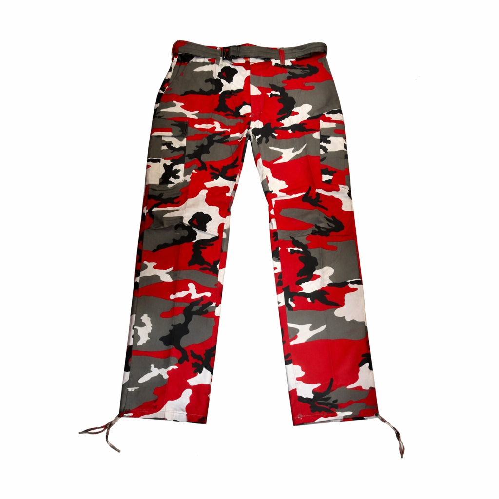 Red, gray, and white camouflage pants on a white background