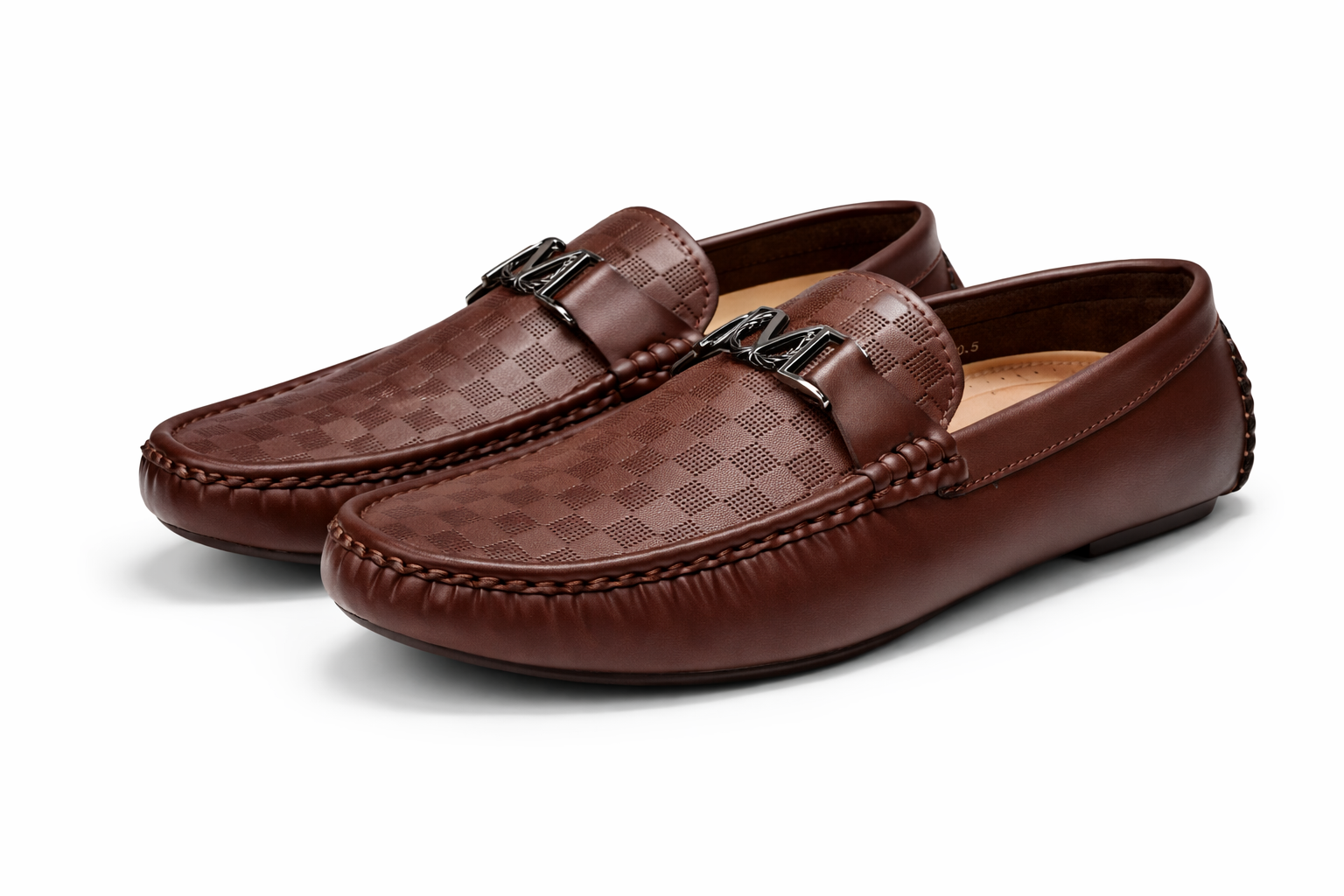 Pair of brown loafers with checkered pattern on a white background