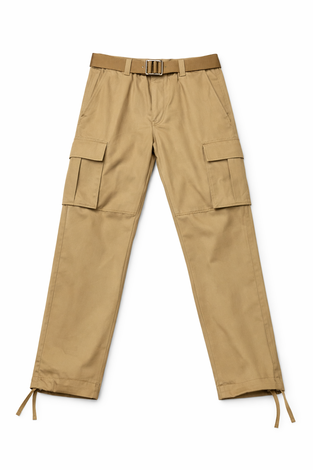 Beige cargo pants with a belt on a white background