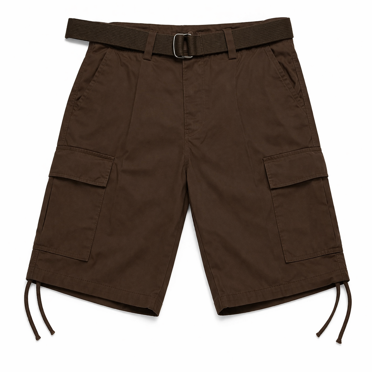 Brown cargo shorts with a belt on a white background