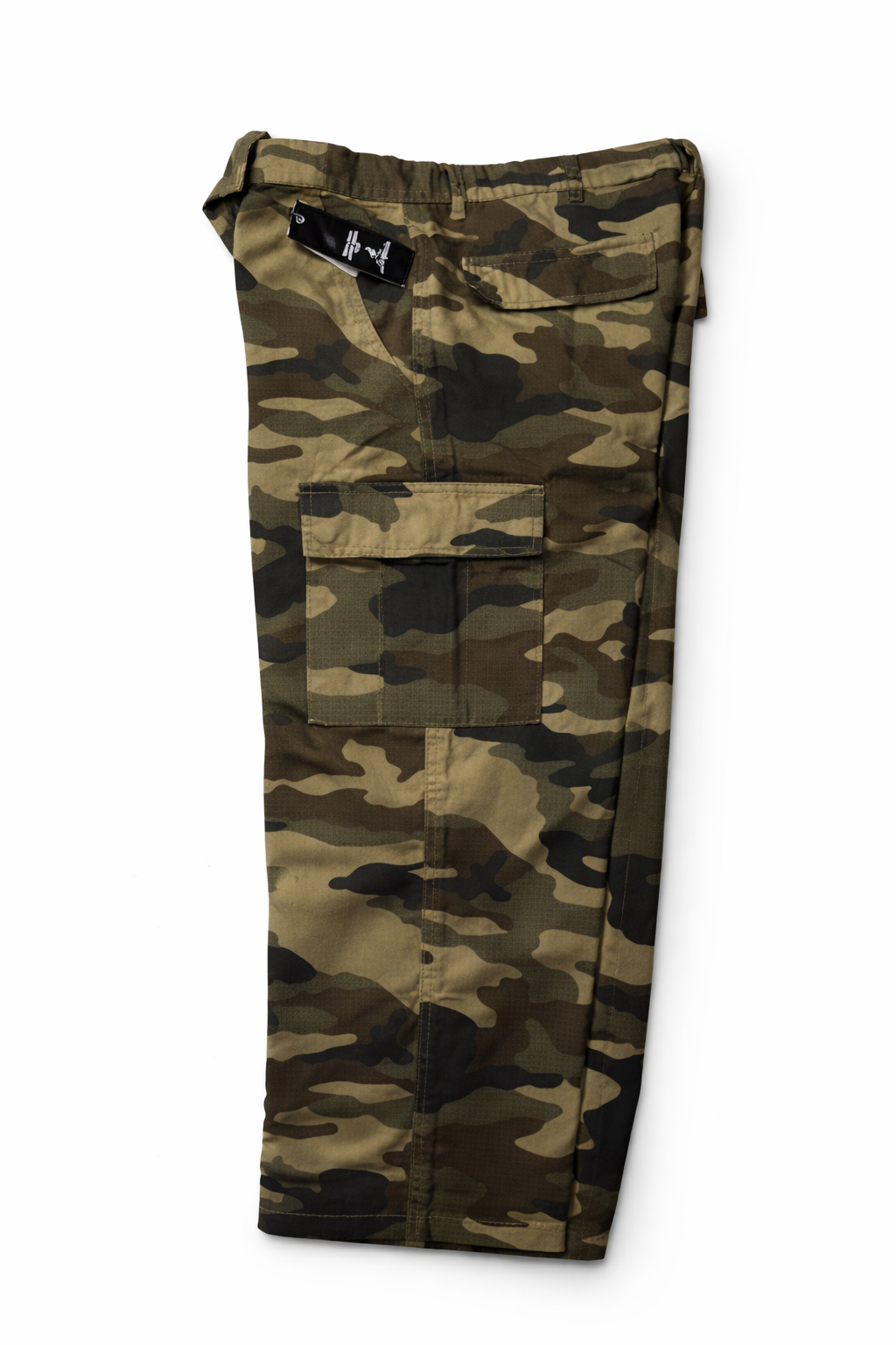 Camouflage pants with a visible brand label on a white background