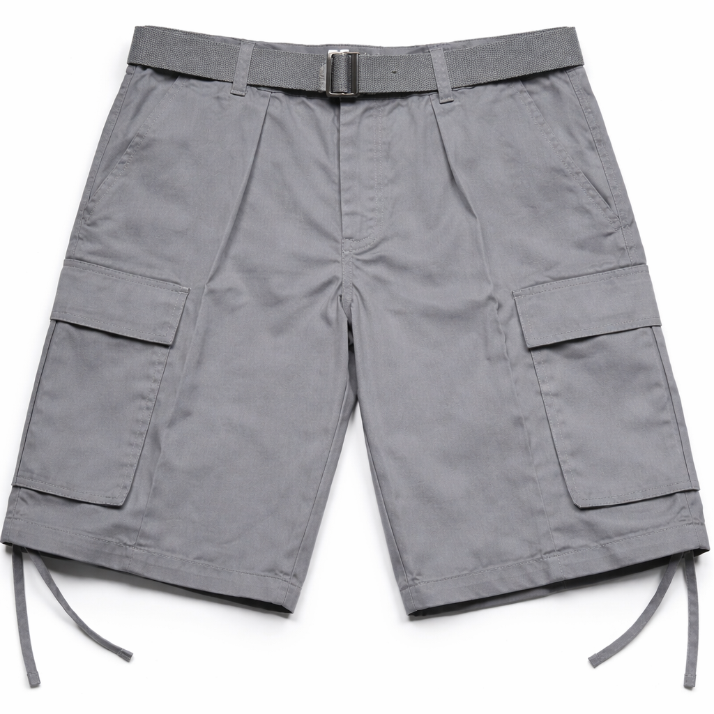 Light Gray cargo shorts with a belt on a white background