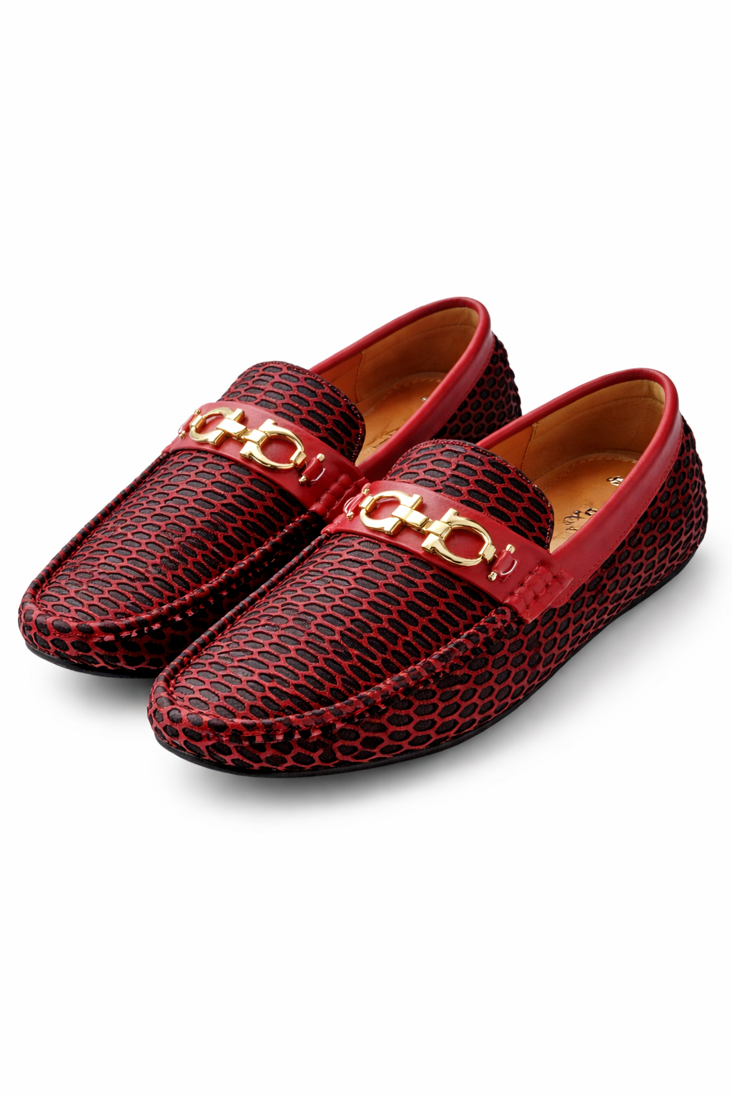 Men’s Red and Black Pattern Loafers – Gold Bit Slip-On Dress Shoes