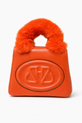 Orange handbag with fur handle on a white background