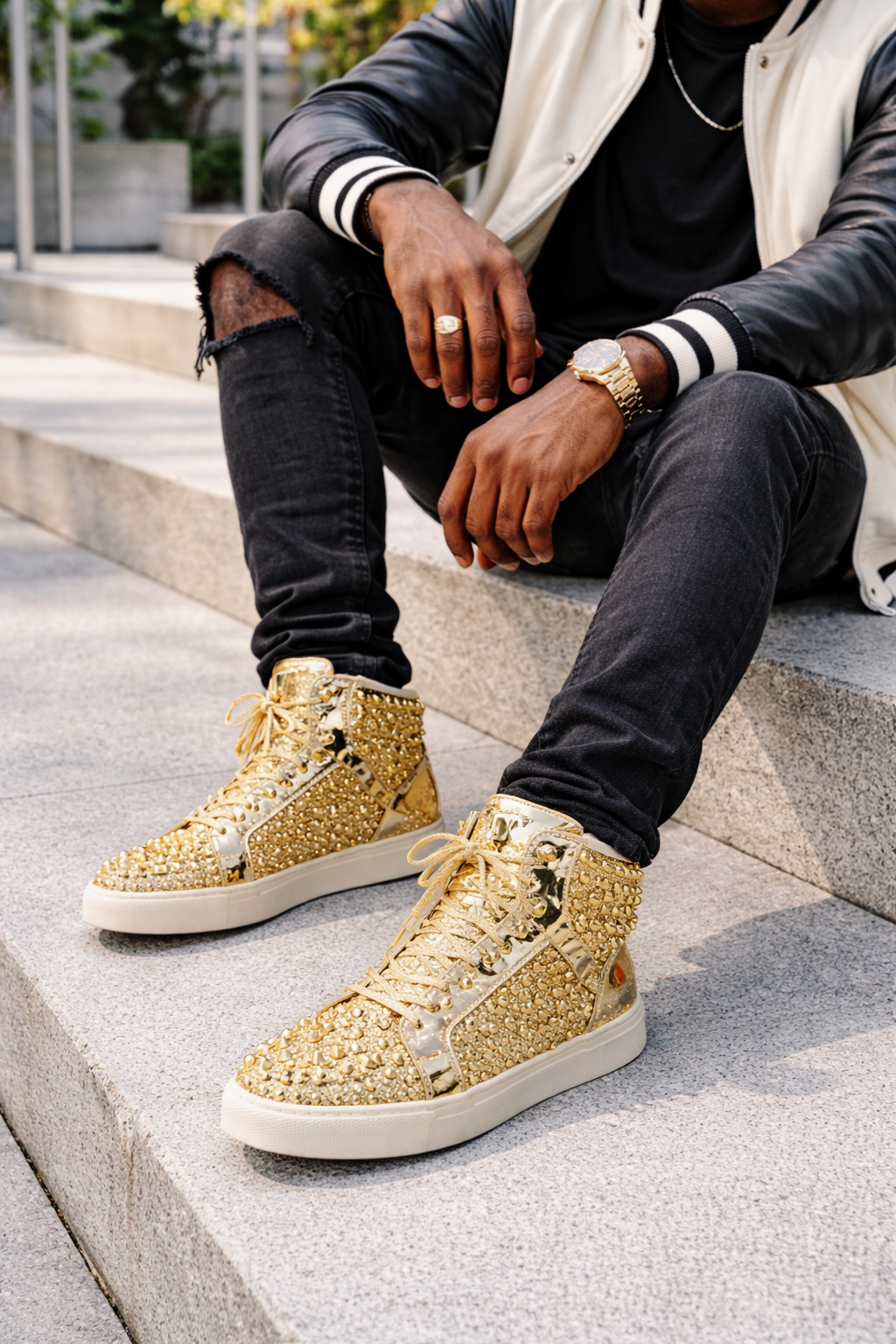 Gold Glitter Studded High-Top Sneakers