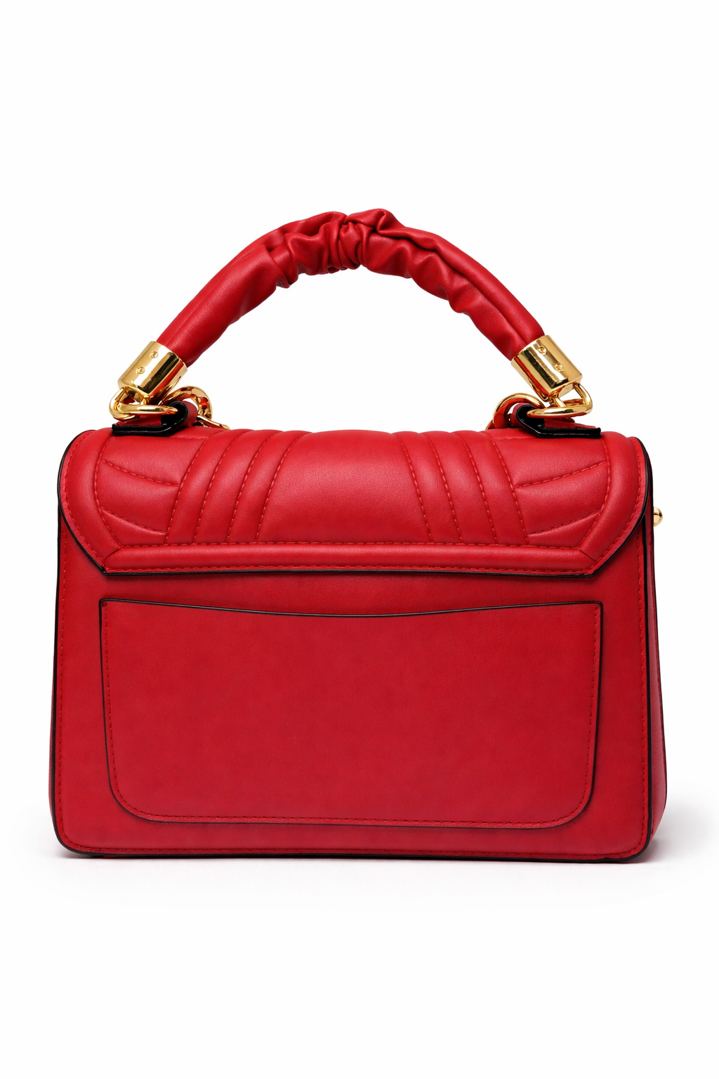 Red handbag with gold accents on a white background