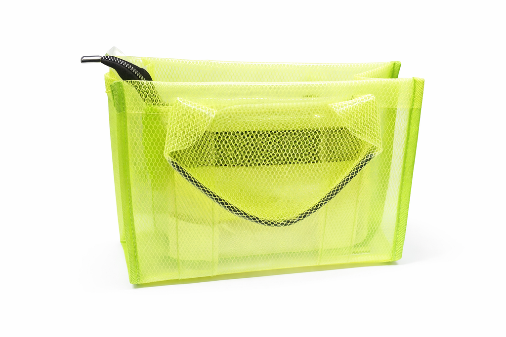 Neon green mesh pouch with a zipper on a white background