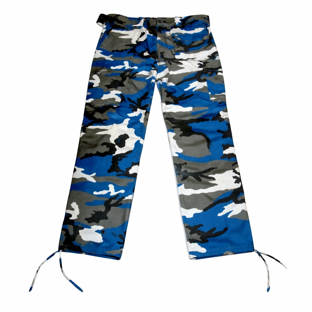 Blue camouflage pants on a white background