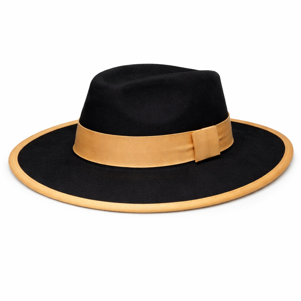 Men’s Black Wide Brim Hat with Tan Band – Statement Dress Hat