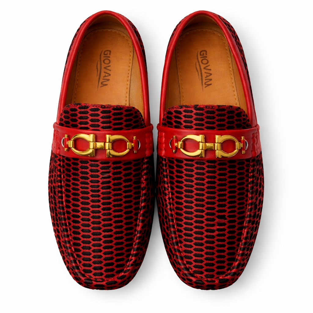 Men’s Red and Black Pattern Loafers – Gold Bit Slip-On Dress Shoes