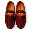 Men’s Red and Black Pattern Loafers – Gold Bit Slip-On Dress Shoes