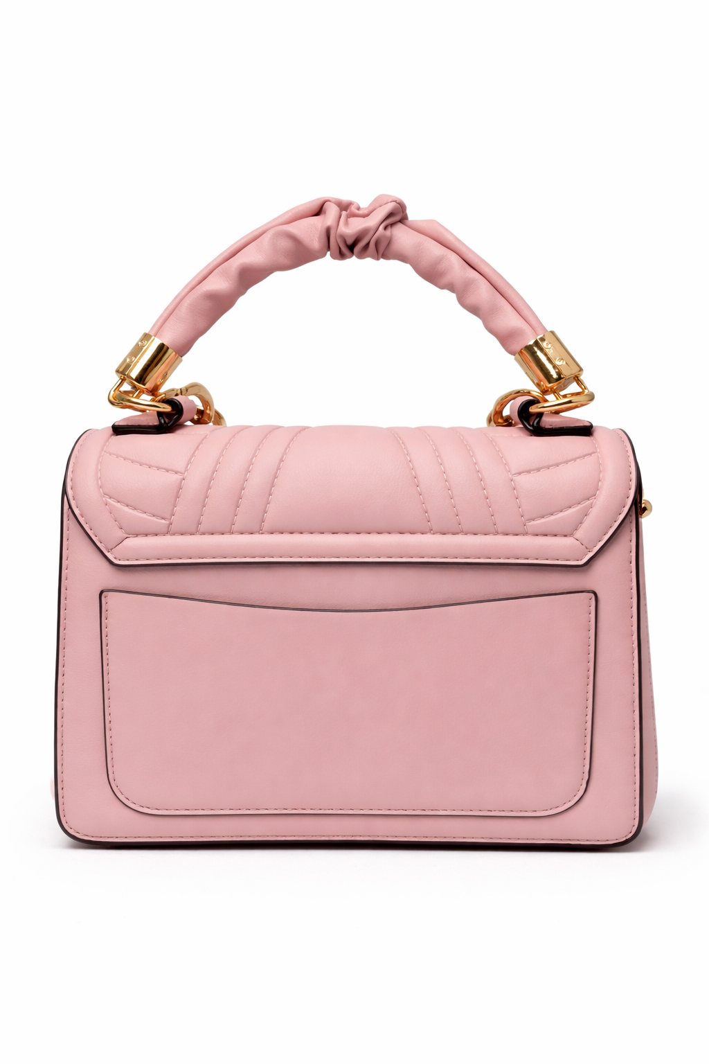 Pink handbag with gold accents on a white background