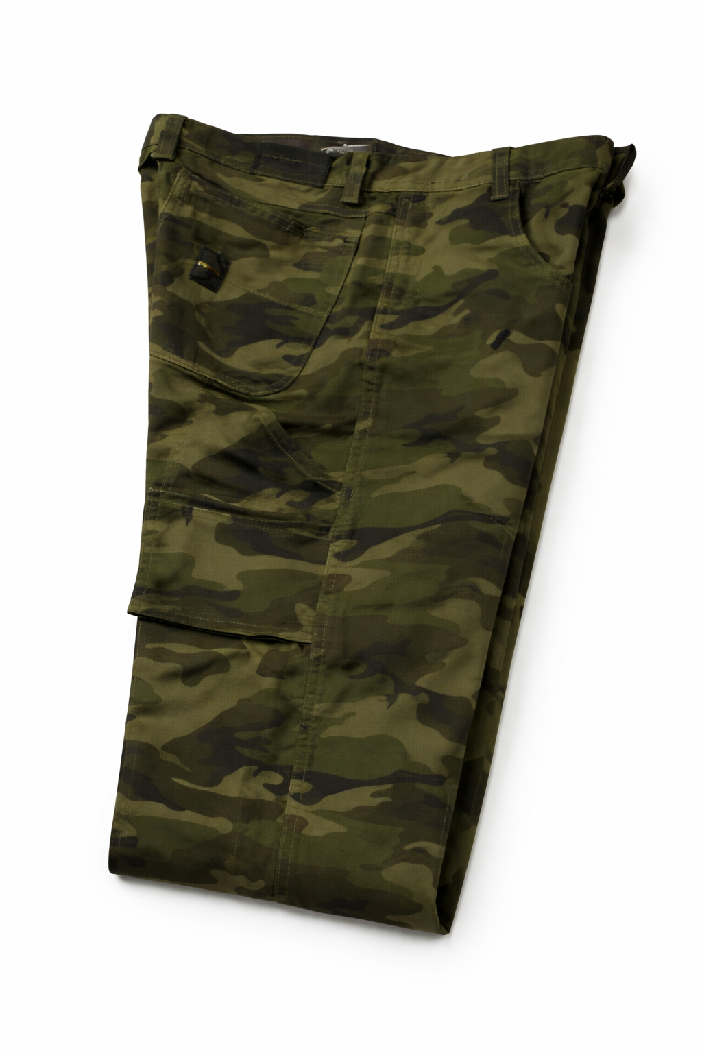 Folded camouflage pants on a white background
