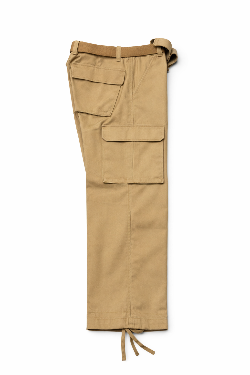 Beige cargo pants with multiple pockets on a white background