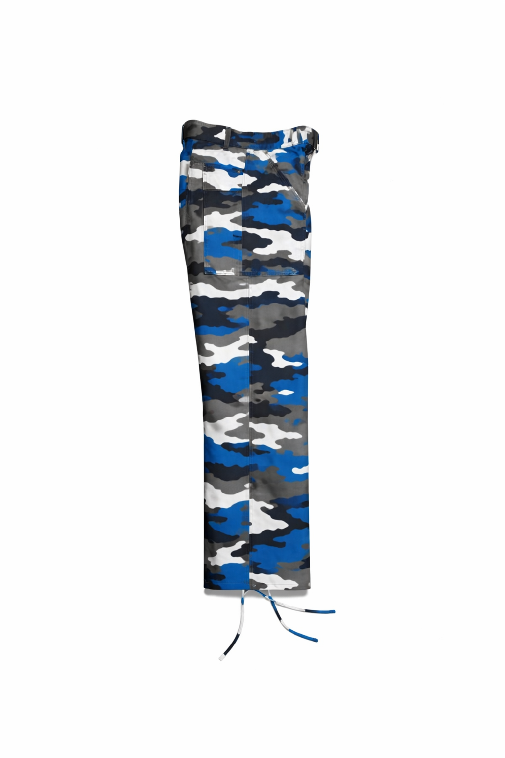 Camouflage-patterned ski bag with blue accents on a white background