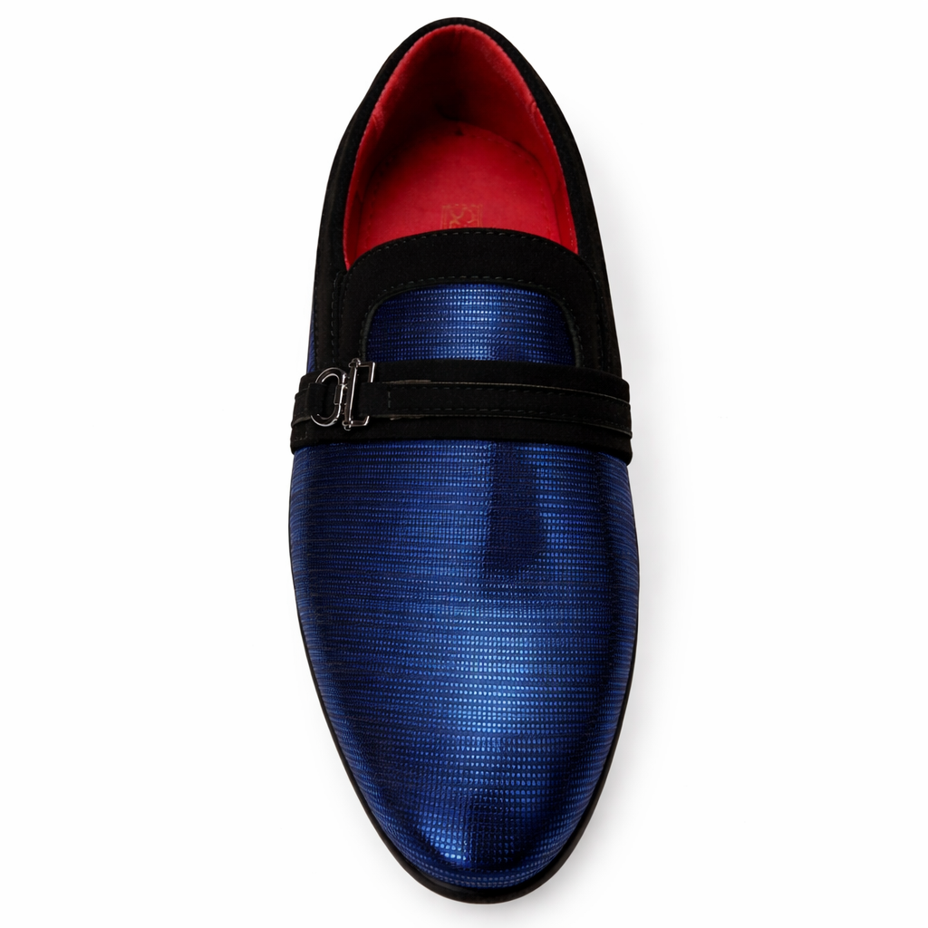 Men’s Blue Metallic Dress Loafers – Sleek Buckle Slip-On Formal Shoes