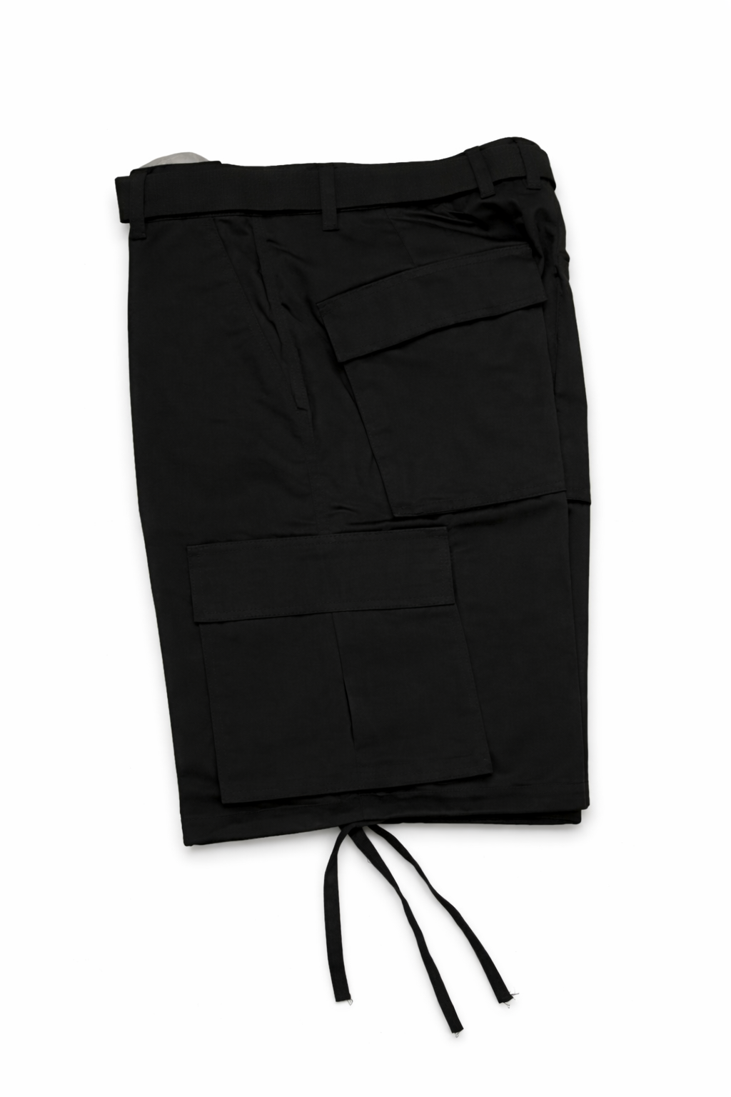 Black cargo shorts with multiple pockets on a white background