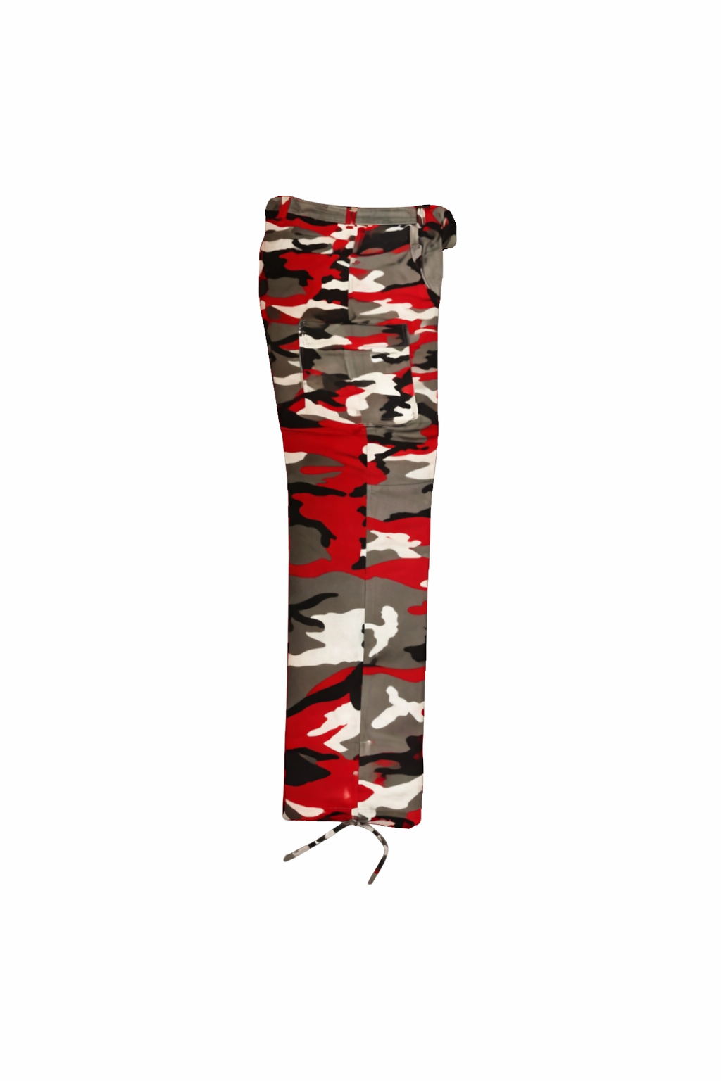 Camouflage-patterned bag with red and gray design on a white background