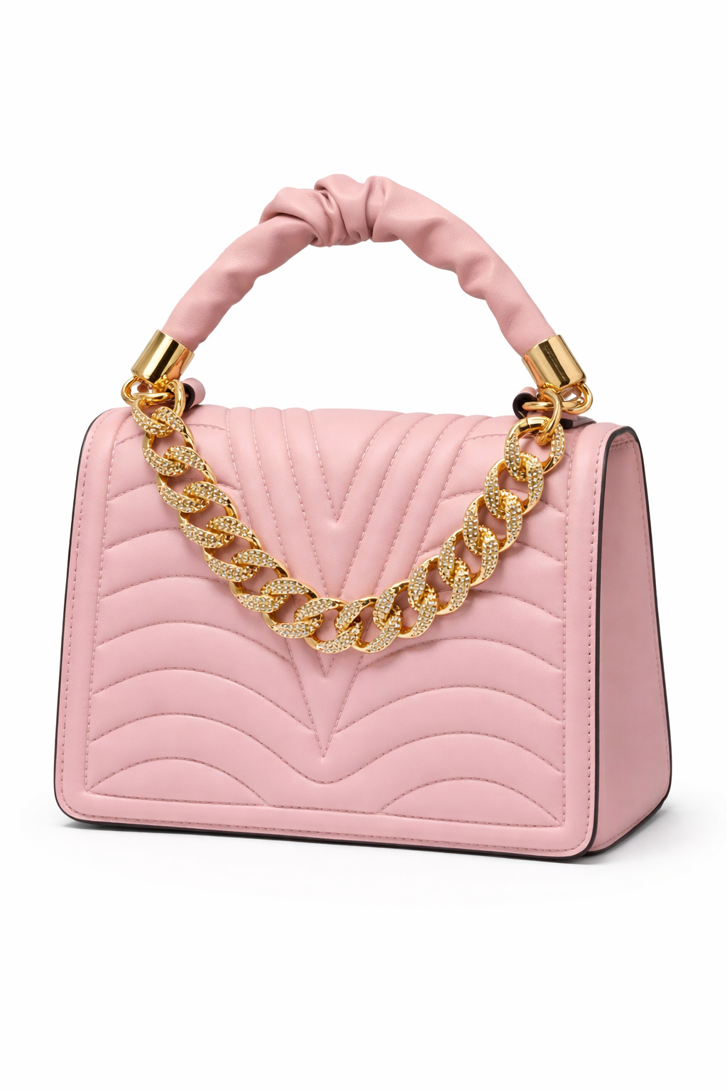 Pink handbag with gold chain handle on a white background