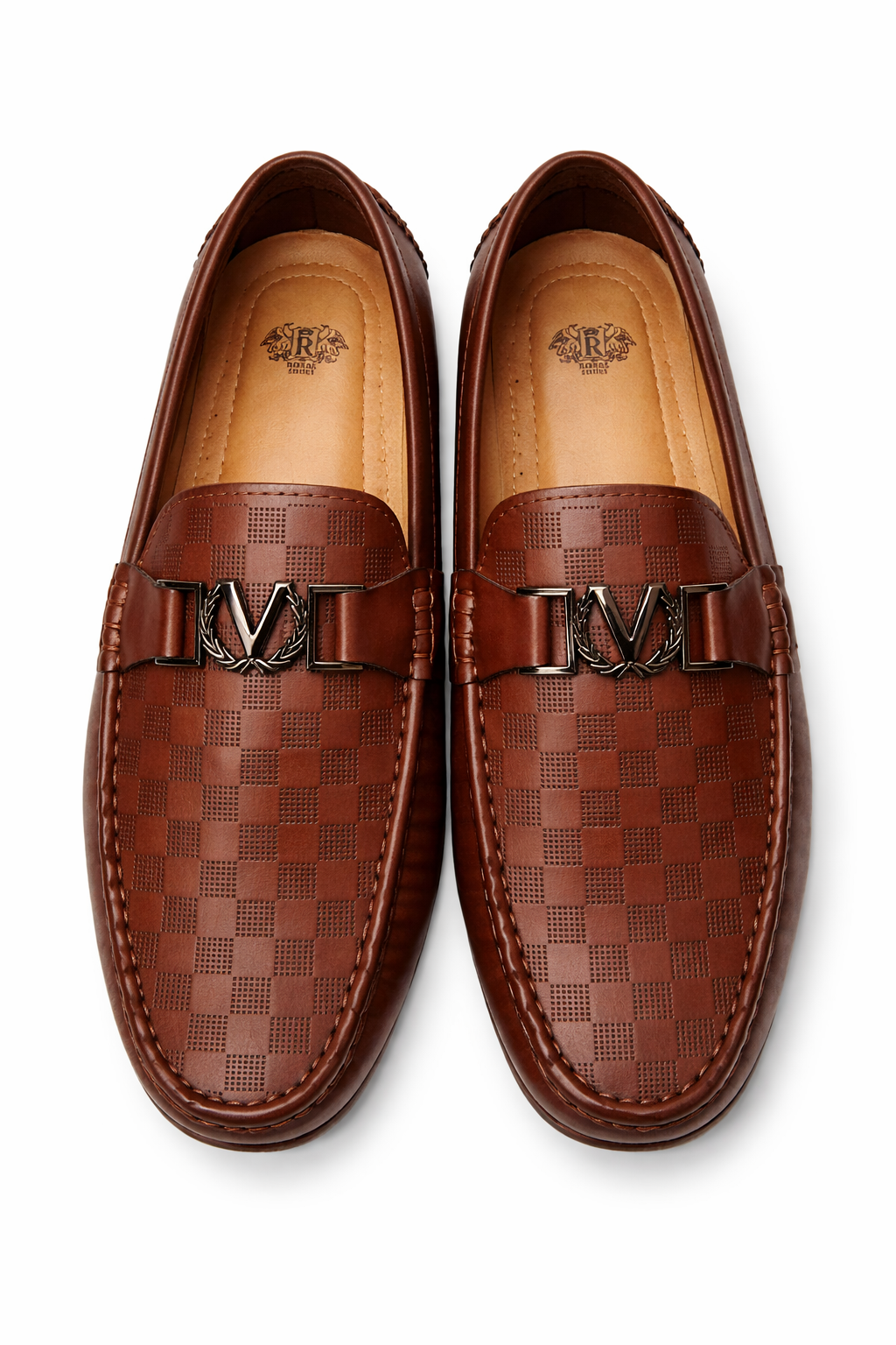 Pair of brown checkered loafers with a visible brand logo on a white background