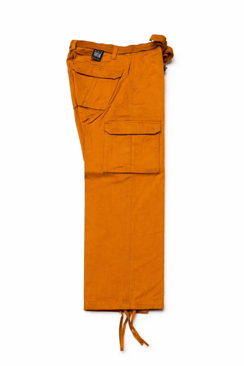 Orange cargo pants with multiple pockets on a white background