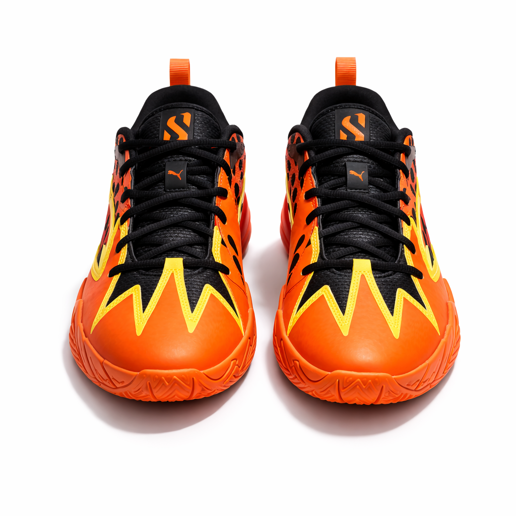 Orange and black sneakers with flame design on a white background