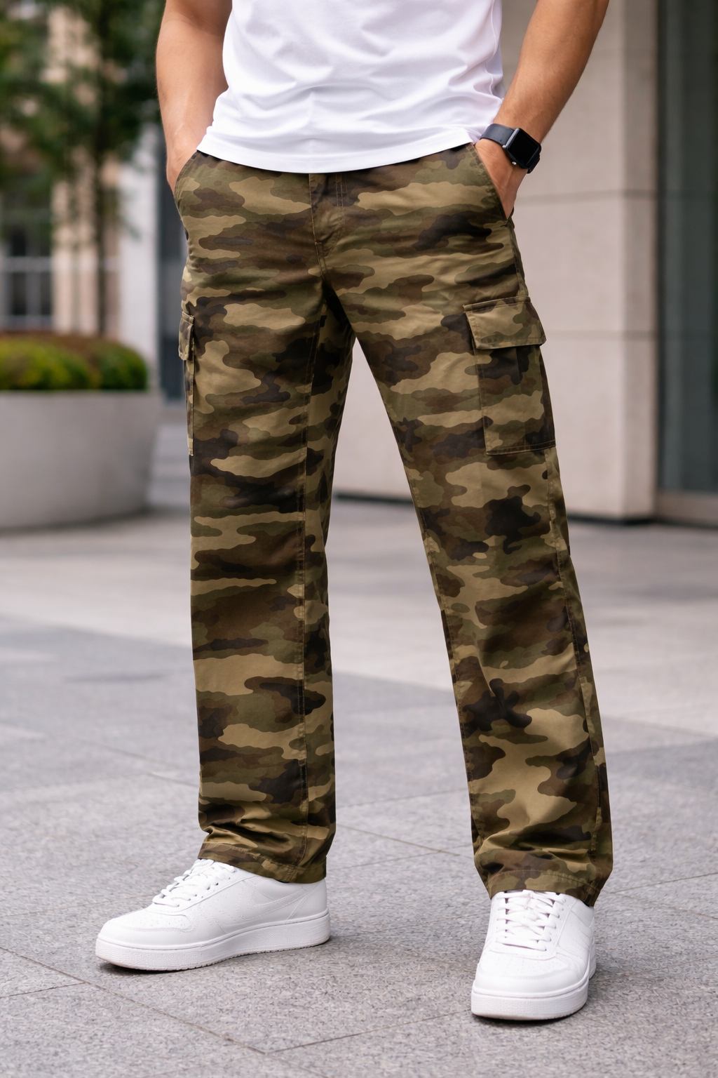 Person wearing camouflage pants and white sneakers on a city street.