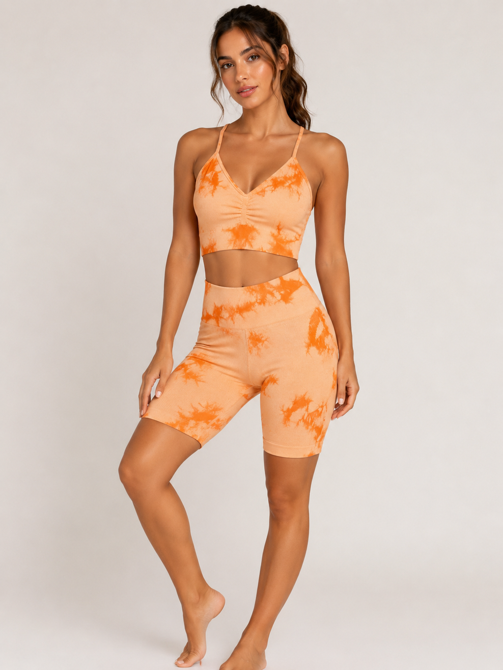 Blush Tie-Dye Scrunch Biker Shorts Set – Women's Seamless Activewear Two-Piece